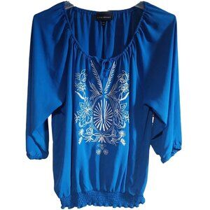 Lane Bryant Womens Blue Embroidered Peasant Blouse 3/4 Sleeves Size 18/20